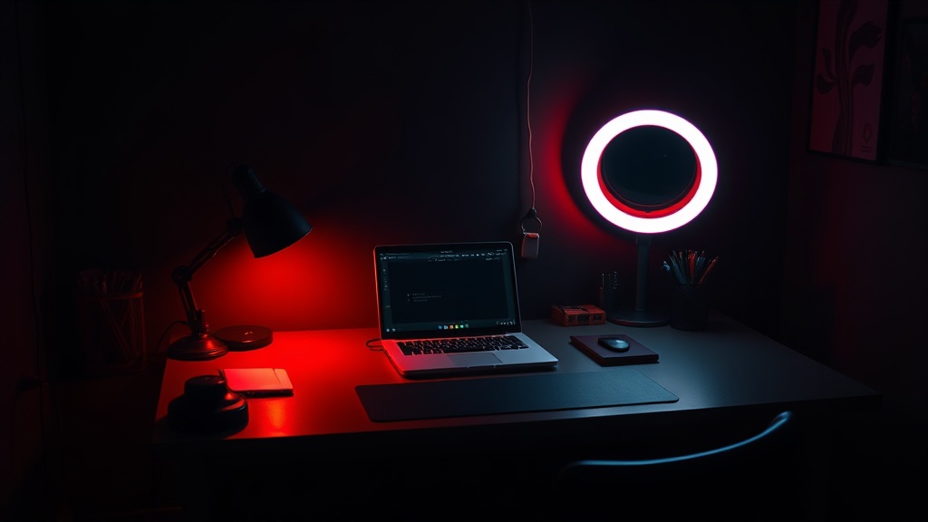 Moody aesthetic study desk with ring light glow